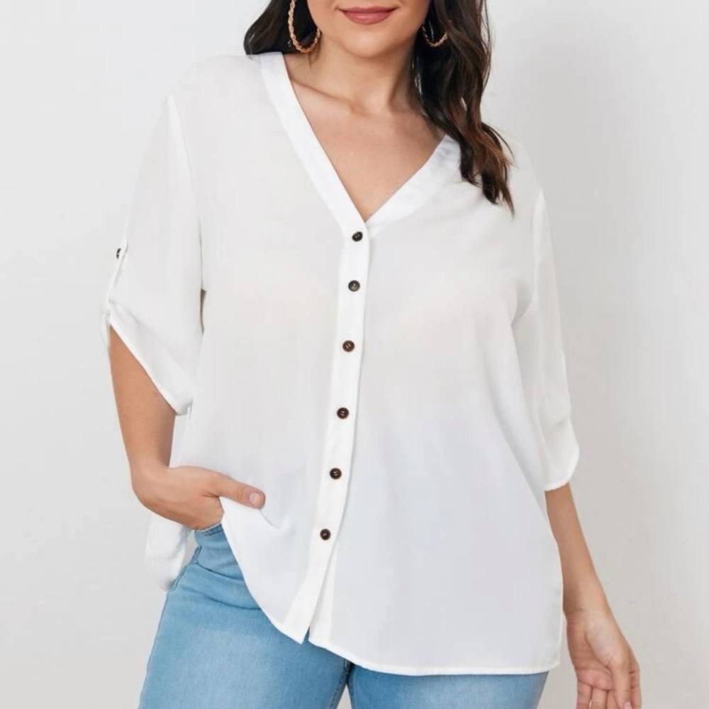 Roll tab mid length sleeves button up v neck boho blouse baby blue - Picture 7 of 14